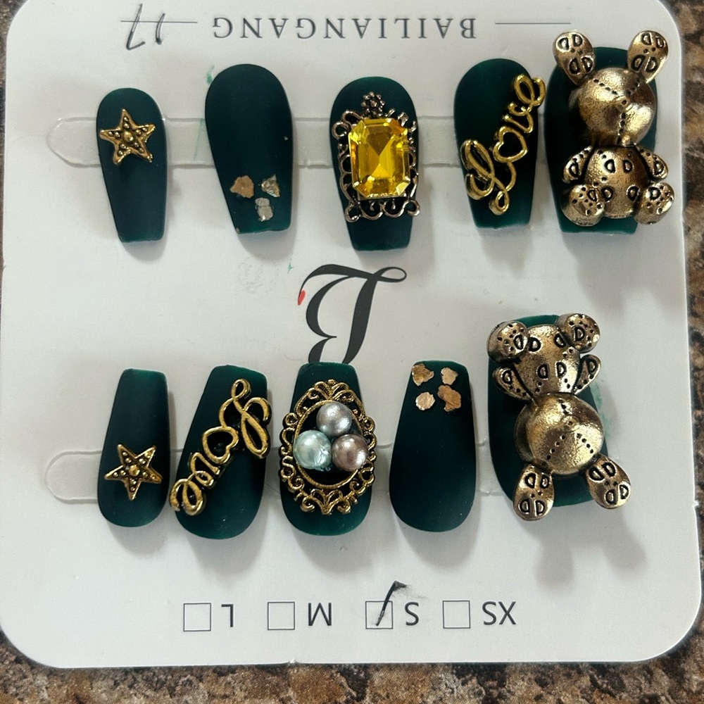 3D Nail Art handmade Nails Sz Small press on Re wearable NEW Black Gold Glamour